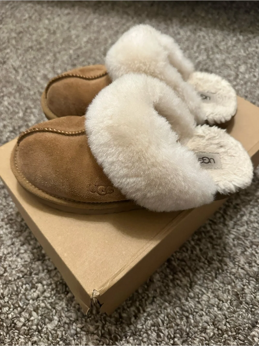UGG Kids Chestnut Suede Slippers with Cream Sheepskin Collar